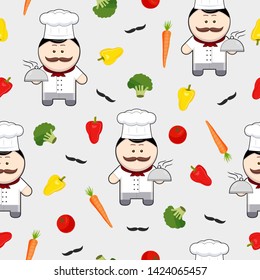 Chef cute cartoon character seamless pattern on white background, chef with mustache and ingredients, vector illustration