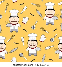 Chef cute cartoon character seamless pattern on yellow background, chef with mustache and kitchen utensils, vector illustration