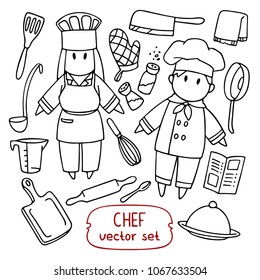 Chef cute character set, linear drawings for design and illustration.