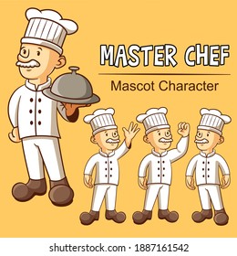 Chef cute mascot set retro character design illustration, with different four poses
