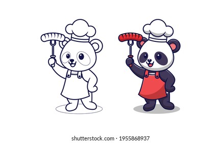 Chef cute panda cartoon coloring pages for kids
