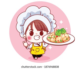 Chef cute with Spicy meatball salad chili cartoon illustration Premium Vector
