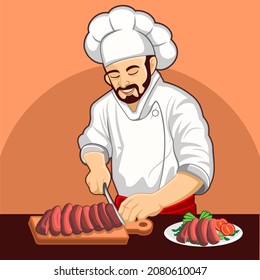 A chef cutting beef steak