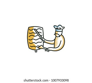 Chef cutting  doner kebab of meat cooked on a vertical rotisserie. Traditional Turkish dish vector design. Fast food illustration