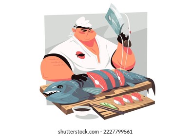 Chef cutting fish and making sushi vector illustration. Served red fish nigiri. Japanese traditional food preparation process