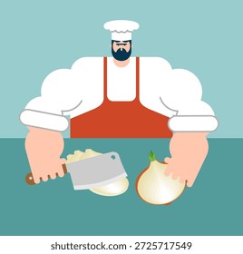 Chef cortando cebola. Ilustração do conceito de culinária