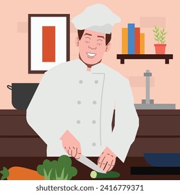 chef cutting vegetables cooking in flat illustration