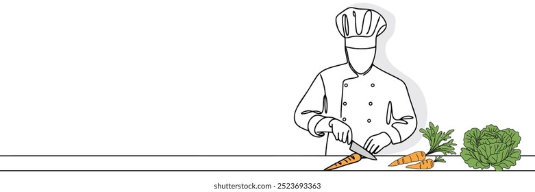 Concepto de cocina de verduras de corte de chef. Dibujo continuo de una línea