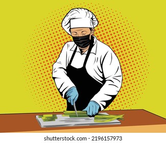 Chef cutting vegetables in the kitchen on popart retro style