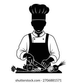 Chef cortando legumes na placa de corte com faca vestindo avental e chapéu cozinha de cozinha