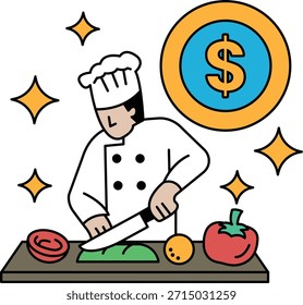 A chef is cutting vegetables on a cutting board. The chef is wearing a white hat and apron. The vegetables include a carrot, a tomato, and an apple