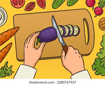 chef cutting vegetables pinup pop art retro vector illustration. Comic book style imitation.
