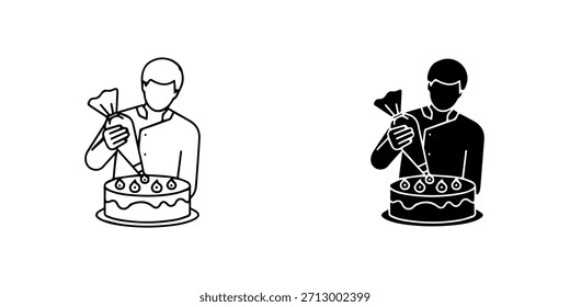 Küchenchef, der einen Kuchen mit einem Paspelbeutel verziert, der das Backen und die kulinarischen Fähigkeiten veranschaulicht, einzeln auf