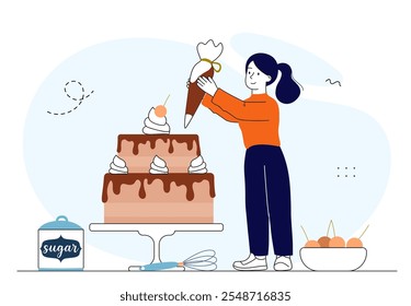 Chef decorando bolo. A mulher prepara sobremesa e delicadeza. Produtos caseiros de pastelaria e padaria com cobertura de chocolate. Padeiro e confeiteiro. Ilustração de vetor linear isolada no plano de fundo branco