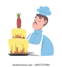 Chef With Delicious Cake, Cook Character in Hat and Apron Cooking Sweet Dessert in the Kitchen Cartoon Style Vector Illustration