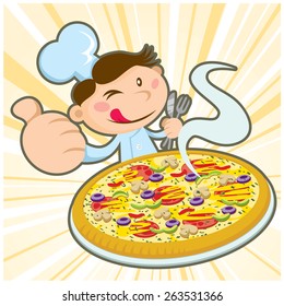 A chef with delicious hot pizza,