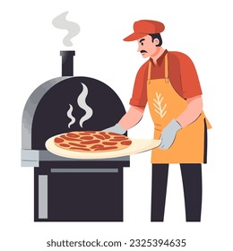 The chef delivers gourmet pizza, unhealthy meal icon isolated