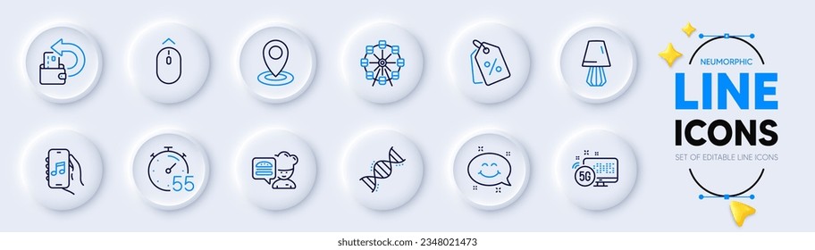 Chef, Discount tags and 5g internet line icons for web app. Pack of Location, Ferris wheel, Chemistry dna pictogram icons. Music app, Timer, Cash back signs. Table lamp, Swipe up, Smile chat. Vector