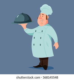 chef with dish, cartoon character, funny, vector illustration