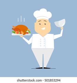Chef with a dish in her hands. Roasted turkey. Vector flat