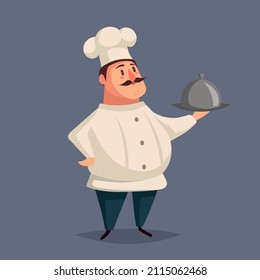 Chef with a dish in his hand. Cute cartoon vector illustration