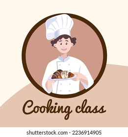 Chef with a dish in his hands. cooking Class illustration. A male cook in a white uniform. Concept illustration of the restaurant business. Vector illustration of a cartoon character.