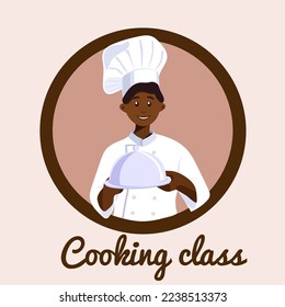 Chef with a dish in his hands. cooking Class illustration. A dark-skinned male cook in a white uniform. Concept illustration of the restaurant business. Vector illustration of a cartoon character.