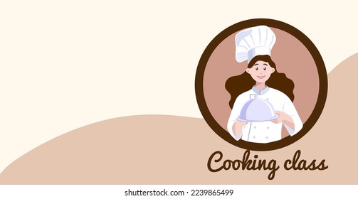 Küchenchef mit einem Gericht in den Händen. Cooking Class Illustration. Ein Koch in einer weißen Uniform. Konzeptgrafik des Restaurantgeschäfts. Vektorgrafik eines Zeichentrickzeichens. Banner.