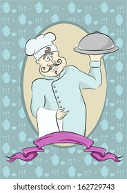 Chef with a dish on a colored background