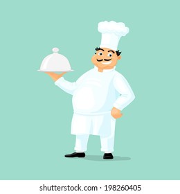 The chef with a dish on the green isolated background. vector illustration