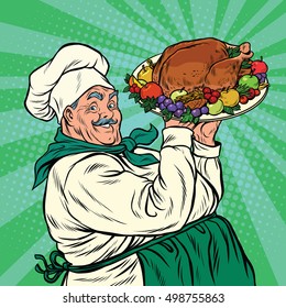 Chef with a dish roast Turkey, pop art retro vector illustration. Christmas or thanksgiving holiday dinner