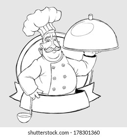Chef with dish in the sign. Freehand drawing