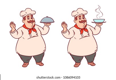 Chef with a dish. Suitable for decorating menus, restaurants, bars and cafes.