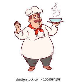 Chef with a dish. Suitable for decorating menus, restaurants, bars and cafes.