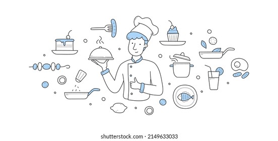 Chef with dish under cloche lid, restaurant hospitality doodle concept. Cafe stuff male character wear toque and uniform perform tasty cuisine meal, professional cooking, Linear vector illustration