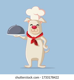 Chef Dog Holding Food Plate Vector Cartoon. Adorable animal cook with serving platter mascot
