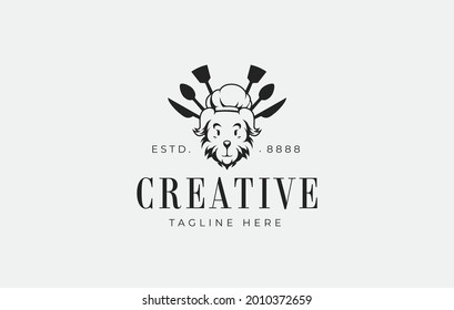 Chef dog Logo Design Template. Vector Illustration of Chef hat and dog line with Spatula . Vintage Modern Logo Line Art Design Template