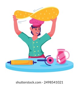 Chef doing pizza toss, flat style illustration 