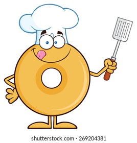 Chef Donut Cartoon Character Holding A Slotted Spatula. Vector Illustration Isolated On White