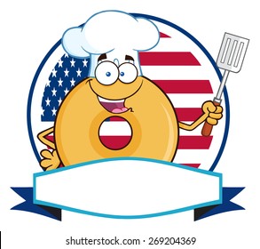 Chef Donut Cartoon Character Over A Circle Blank Banner In Front Of Flag Of USA. Vector Illustration Isolated On White