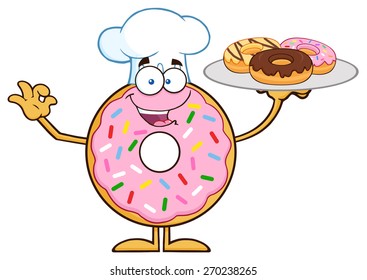 Chef Donut Cartoon Character Serving Donuts. Vector Illustration Isolated On White