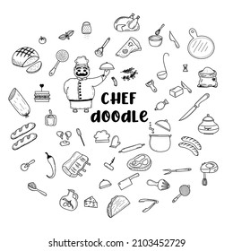 Chef Doodle. Cooking. Hand Drawing Of A Chef, Food And Utensils.