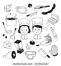 Chef doodles art. chef character with cooking item.	