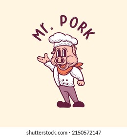 chef dress pig mascot illustration in vintage style