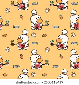 Chef duck cartoon so cute. On fish carrot mushroom yellow background. Pattern seamless vector illustration.  
