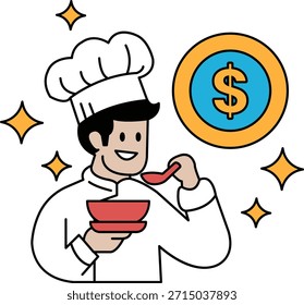 Ein Koch isst Suppe und lächelt. Im Hintergrund ist ein Dollarzeichen. Konzept von Glück und Zufriedenheit, wie der Küchenchef genießt seine Mahlzeit