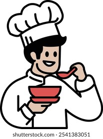 Um chef está tomando sopa com uma colher. Ele está sorrindo e curtindo sua refeição