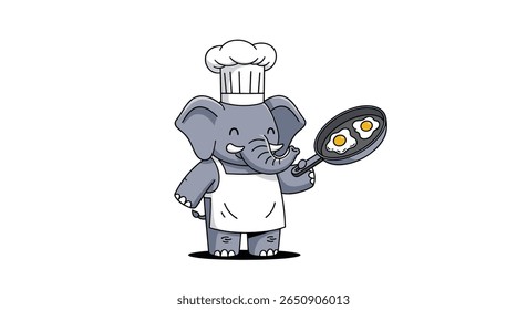 Chef elefante cozinhar deliciosos ovos fritos com expressão alegre e chapéu culinário