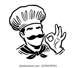 Chef emblem, vector illustration. Male cook in hat logo, label decoration for restaurant or cafe menu design