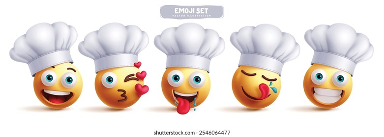 Chef Emoji Zeichen Vektor-Set. Emojis Koch Bäcker Clip Art Charakter in glücklich, küssen, Verlangen, lecken und lächeln Gesichtsausdruck tragen weißen Tuch Hut Sammlung. Vektorgrafik 3d